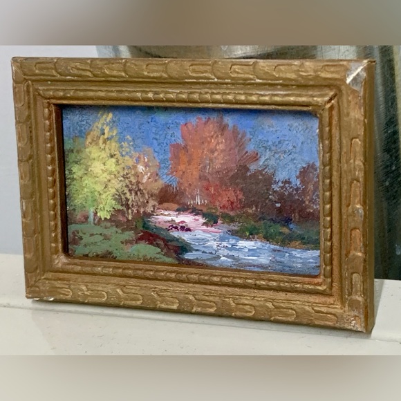 Antique Miniature Gold Painted Wooden Framed Original Nature Scene Oil Painting - Picture 5 of 16